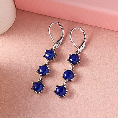 Karis Lapis Lazuli Lever Back Earrings in Platinum Bond, Dangle Drop Earrings, Wedding Gifts 7.25 ctw