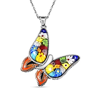 Murano Style and Enameled Butterfly Pendant Necklace in Stainless Steel 20 Inches
