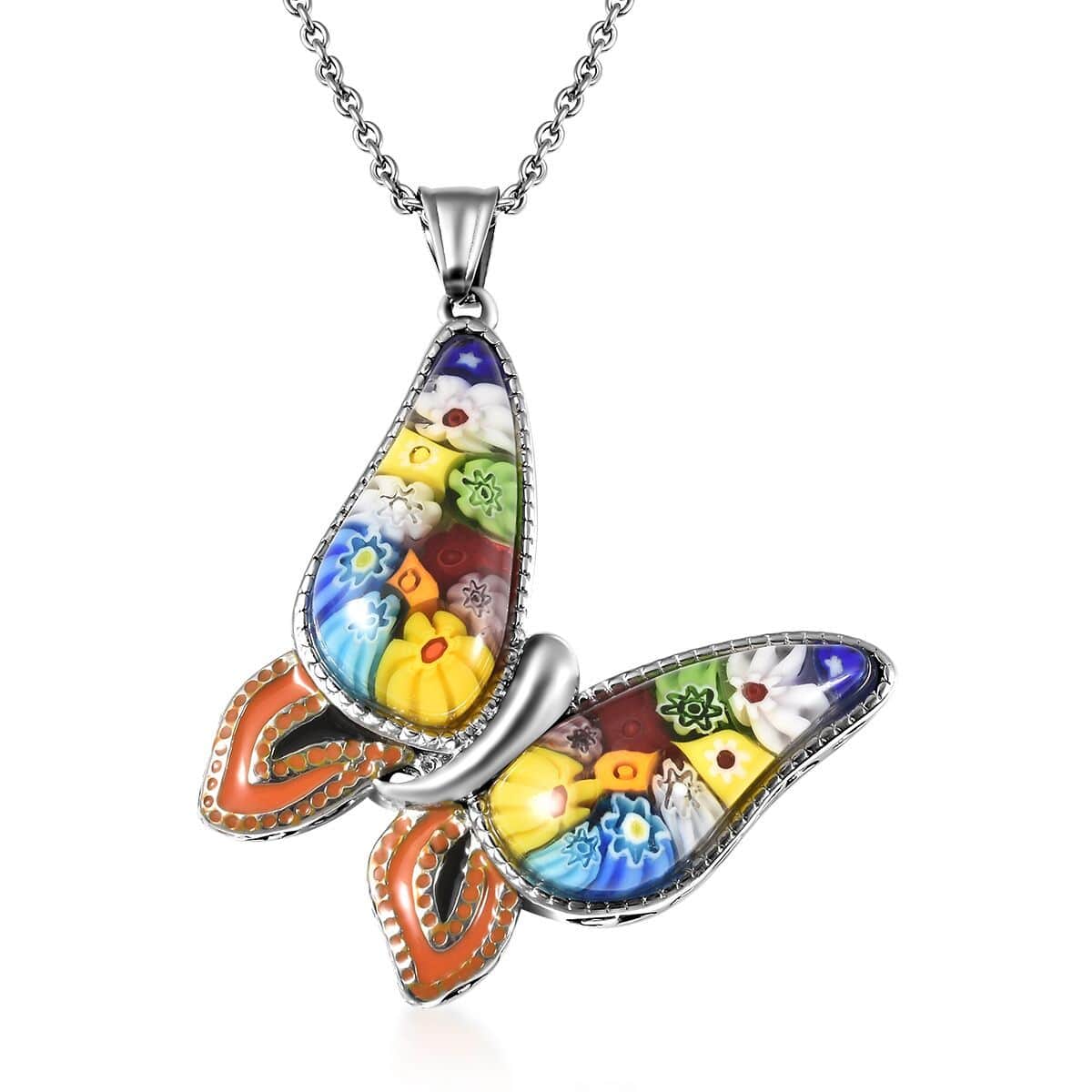 Murano Style and Enameled Butterfly Pendant Necklace 20 Inches in Stainless Steel image number 0