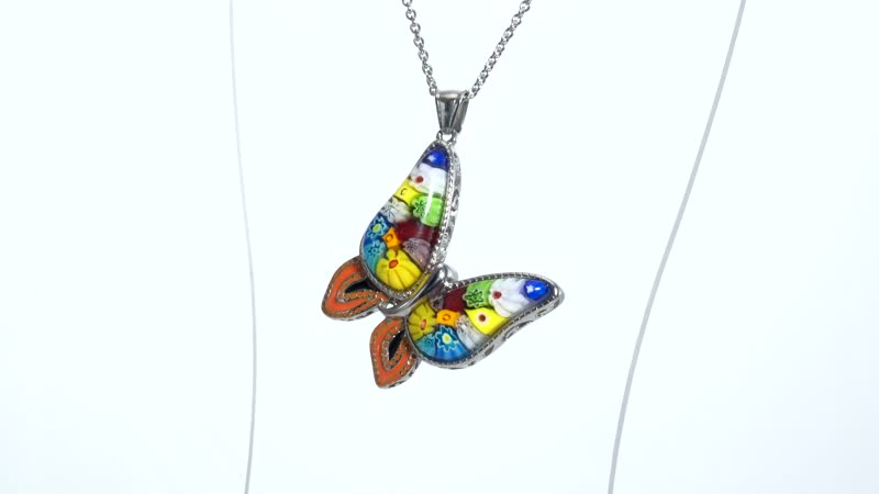 Murano Style Enameled Butterfly Pendant Necklace 20 Inches in Stainless Steel