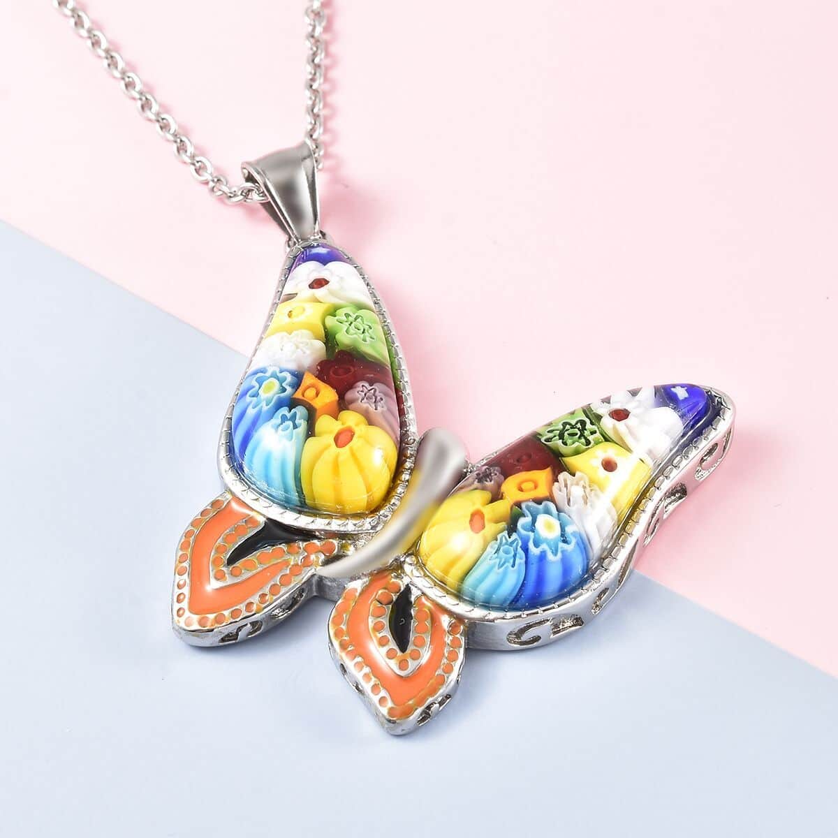 Murano Style and Enameled Butterfly Pendant Necklace 20 Inches in Stainless Steel image number 1