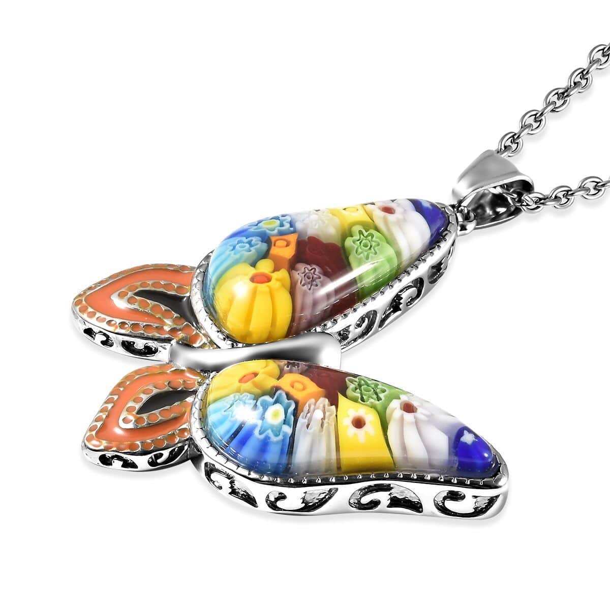 Murano Style Enameled Butterfly Pendant Necklace 20 Inches in Stainless Steel image number 3