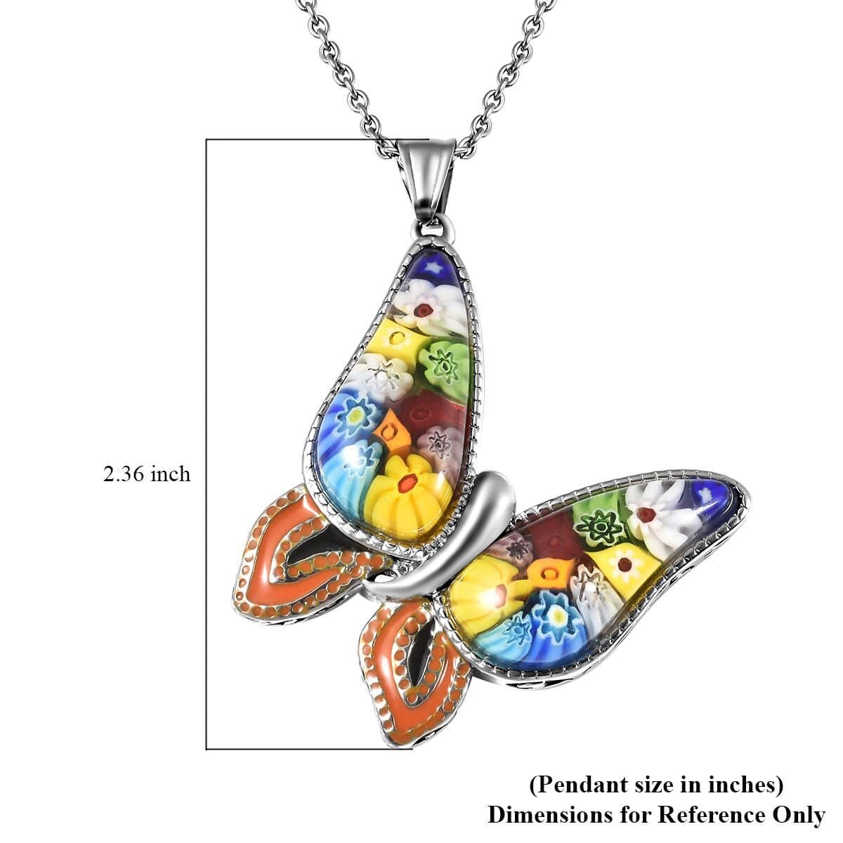 Murano Style Enameled Butterfly Pendant Necklace 20 Inches in Stainless Steel image number 5