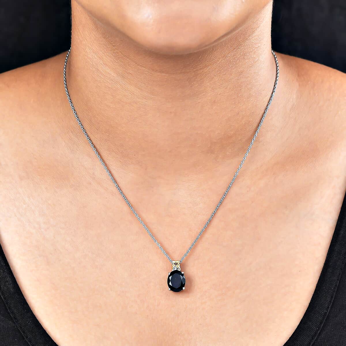 Australian Black Tourmaline and Thai Black Spinel Pendant Necklace 20 Inches in Vermeil YG and Platinum Over Sterling Silver 3.75 ctw image number 2