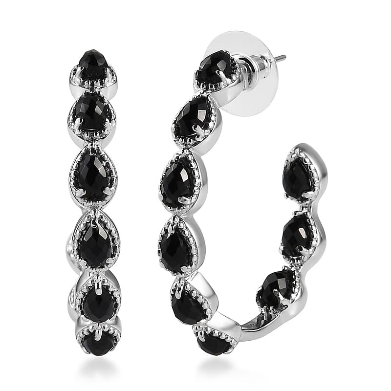 Black Onyx 7.65 ctw Earrings in Stainless Steel, Inside Out Hoops, Black Jewelry For Women