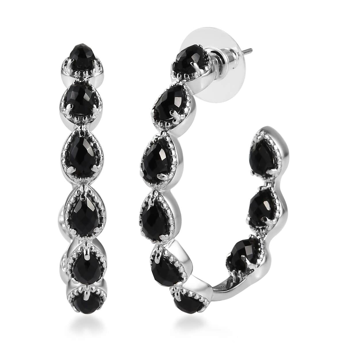 Black Onyx Earrings in Stainless Steel, Inside Out Hoops, Black Jewelry For Women 7.65 ctw image number 0