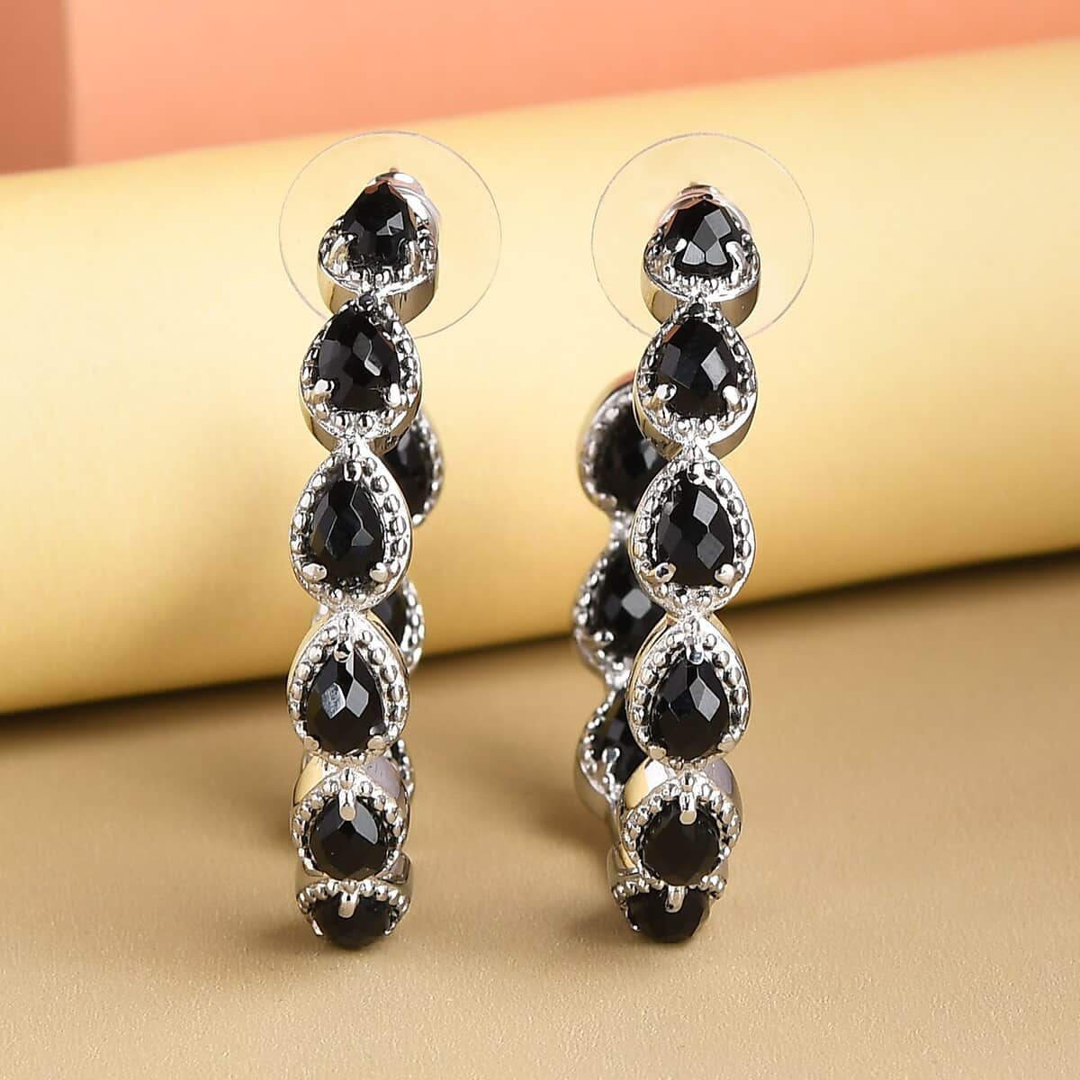 Black Onyx Earrings in Stainless Steel, Inside Out Hoops, Black Jewelry For Women 7.65 ctw image number 1