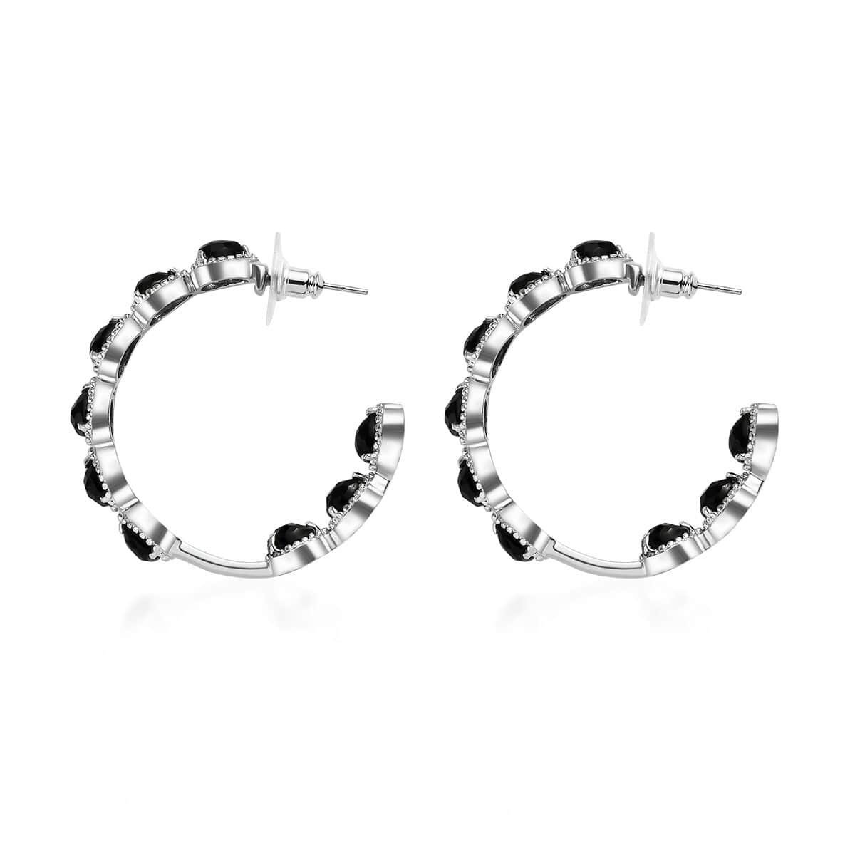 Black Onyx Earrings in Stainless Steel, Inside Out Hoops, Black Jewelry For Women 7.65 ctw image number 4