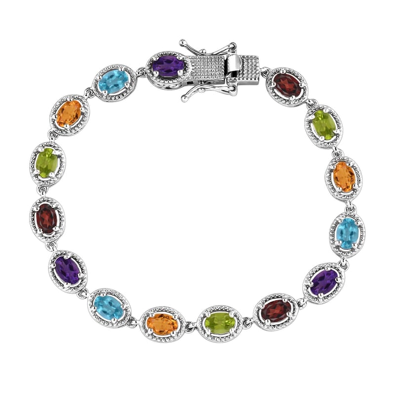 D'Joy Multi Gemstone 6.85 ctw Bracelet in Platinum Plated Sterling Silver, Silver Station Bracelet For Women, Unique Birthday Gifts (7.25 In)
