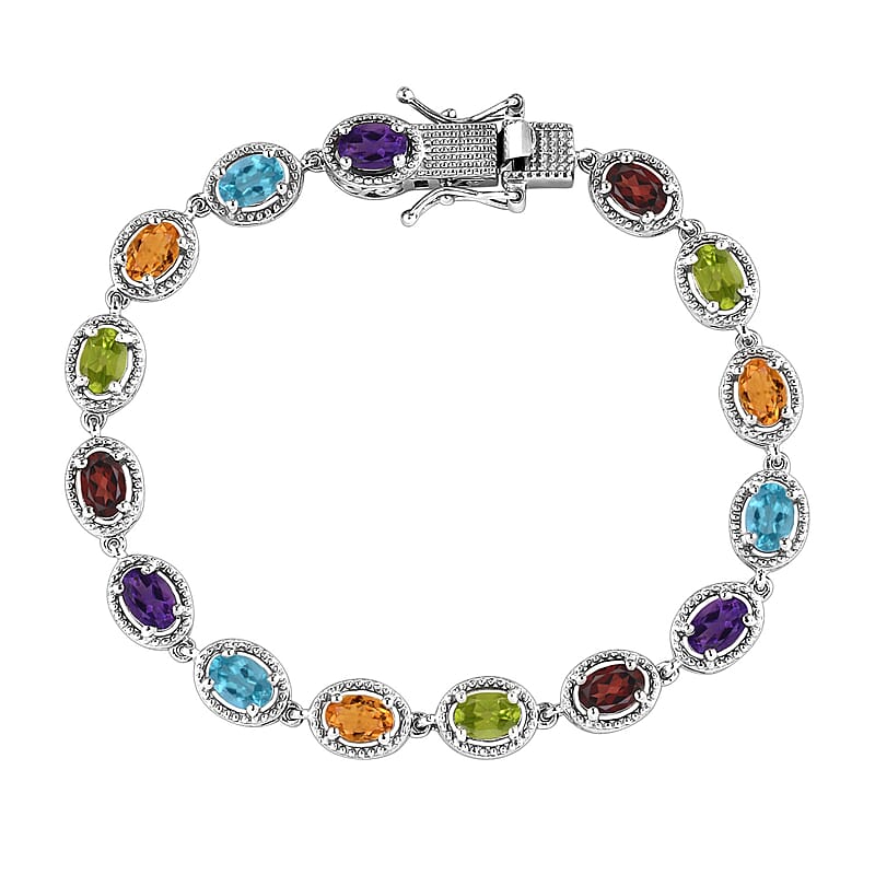 D'Joy Multi Gemstone 6.85 ctw Bracelet in Platinum Plated Sterling Silver, Silver Station Bracelet For Women, Unique Birthday Gifts (7.25 In)