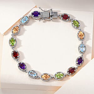 D'Joy Multi Gemstone 6.85 ctw Bracelet in Platinum Plated Sterling Silver, Silver Station Bracelet For Women, Unique Birthday Gifts (7.25 In)