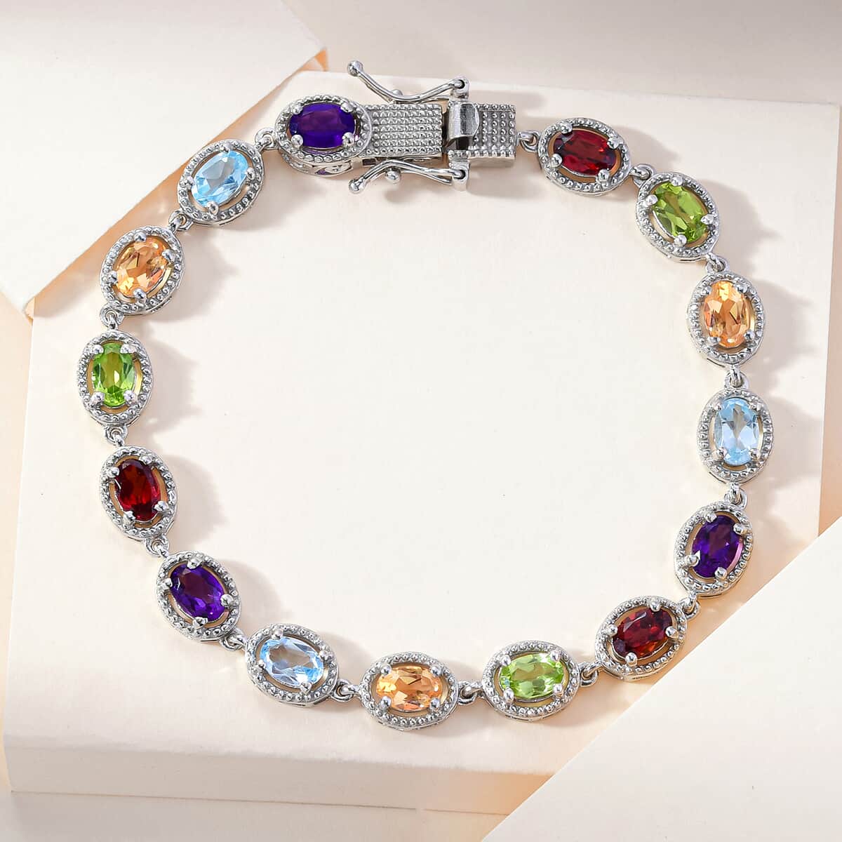 Multi Gemstone Bracelet in Platinum Plated Sterling Silver, Silver Station Bracelet For Women, Unique Birthday Gifts (7.25 In) 6.85 ctw image number 1
