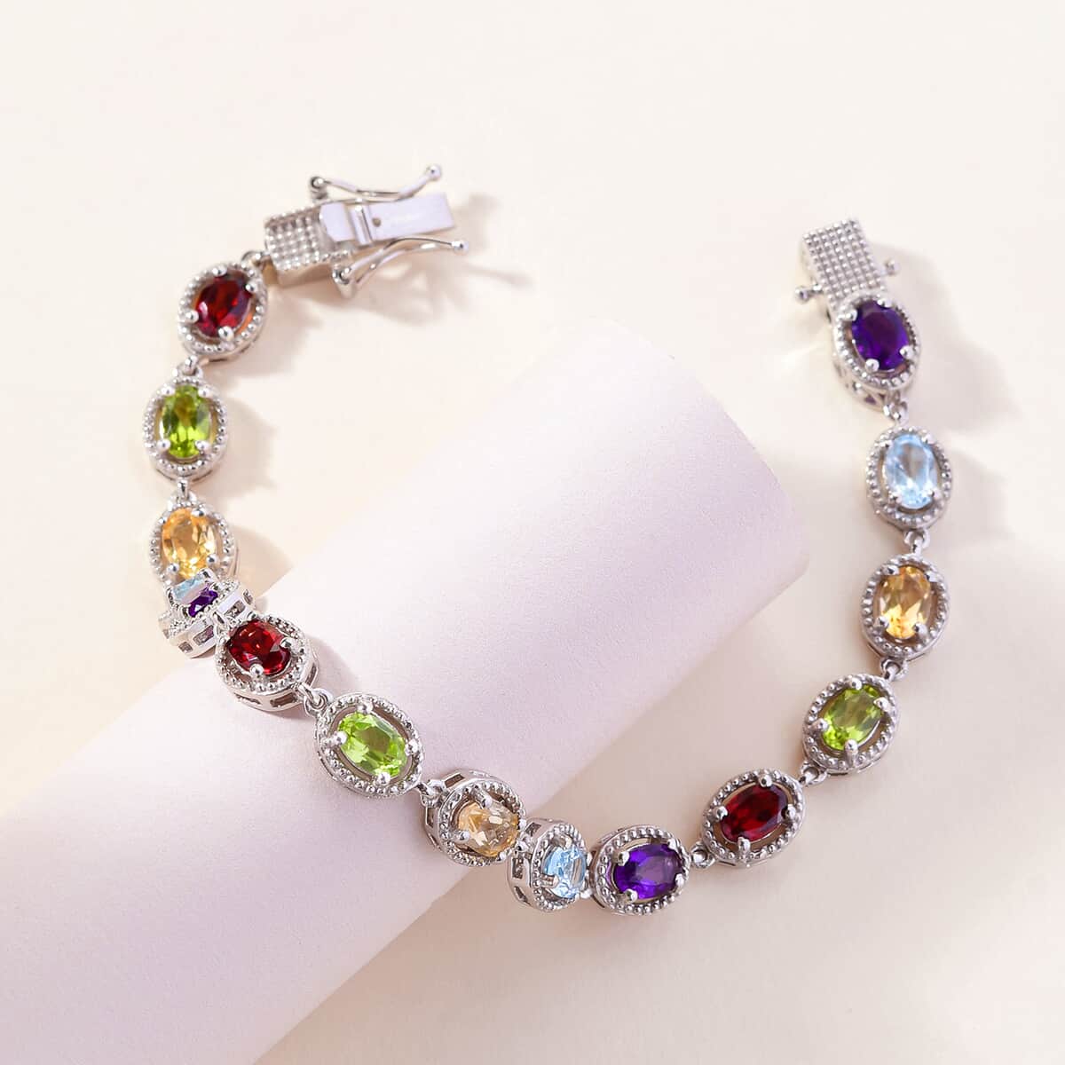 Multi Gemstone Bracelet in Platinum Plated Sterling Silver, Silver Station Bracelet For Women, Unique Birthday Gifts (7.25 In) 6.85 ctw image number 2