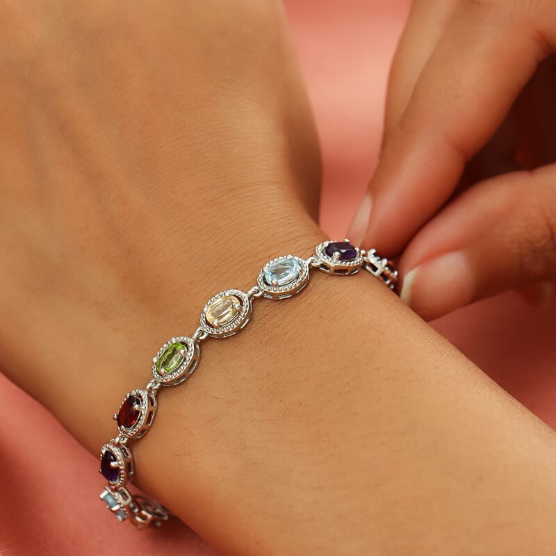 D'Joy Multi Gemstone 6.85 ctw Bracelet in Platinum Plated Sterling Silver, Silver Station Bracelet For Women, Unique Birthday Gifts (7.25 In)