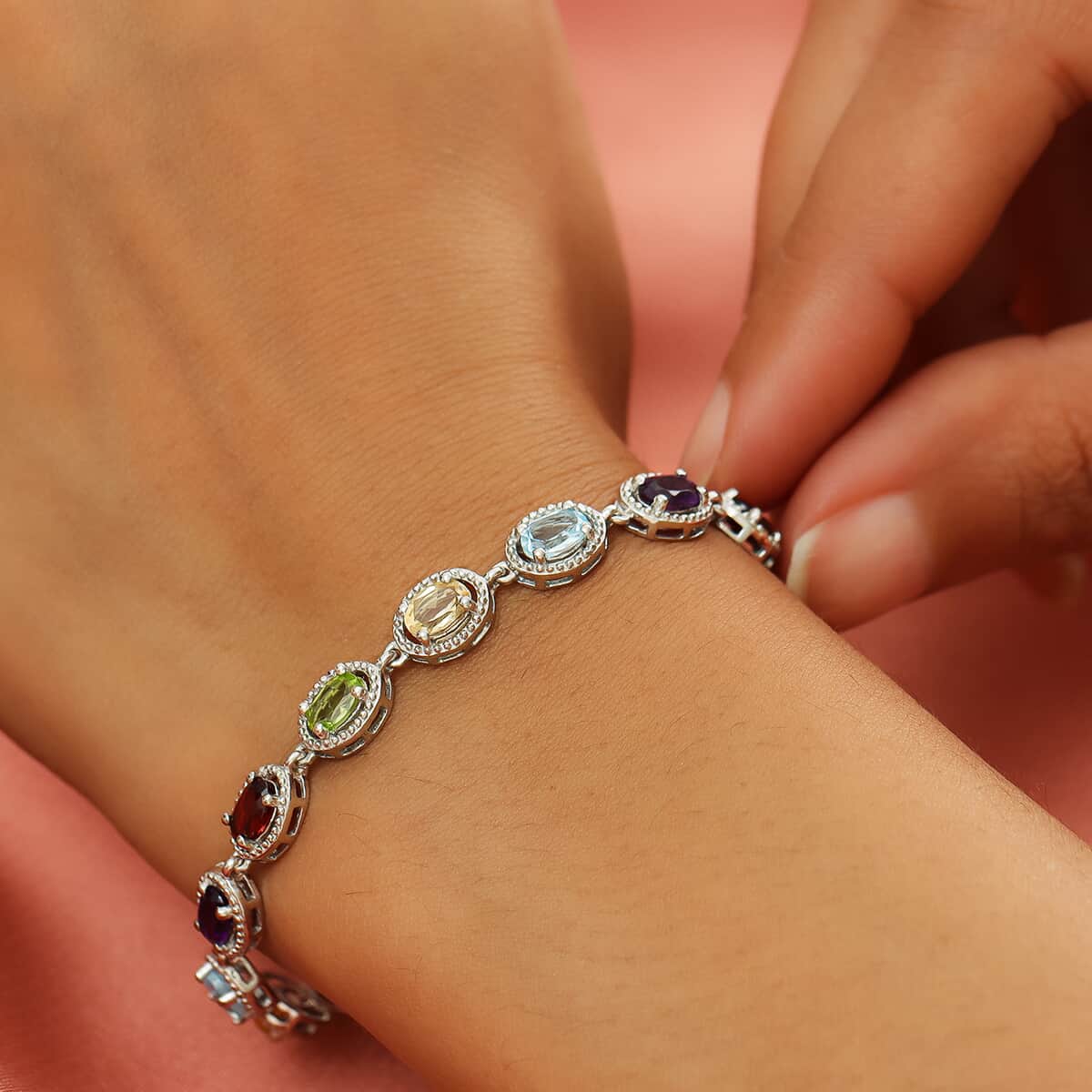 Multi Gemstone Bracelet in Platinum Plated Sterling Silver, Silver Station Bracelet For Women, Unique Birthday Gifts (7.25 In) 6.85 ctw image number 3