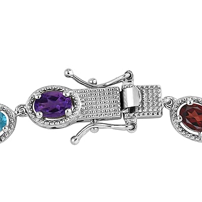 D'Joy Multi Gemstone 6.85 ctw Bracelet in Platinum Plated Sterling Silver, Silver Station Bracelet For Women, Unique Birthday Gifts (7.25 In)