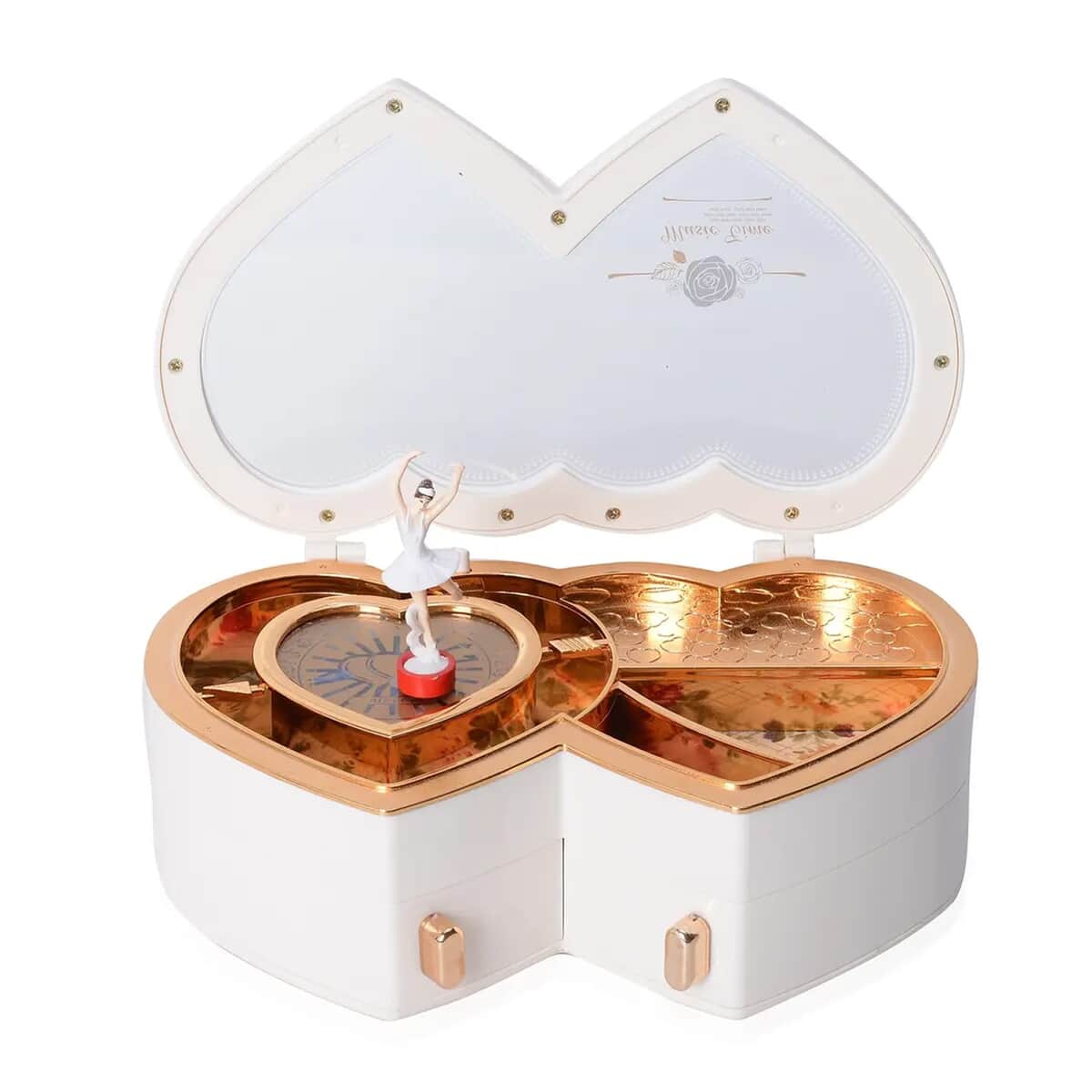 White Double Heart Shape Music Box with Removable Magnetic Dancer image number 0