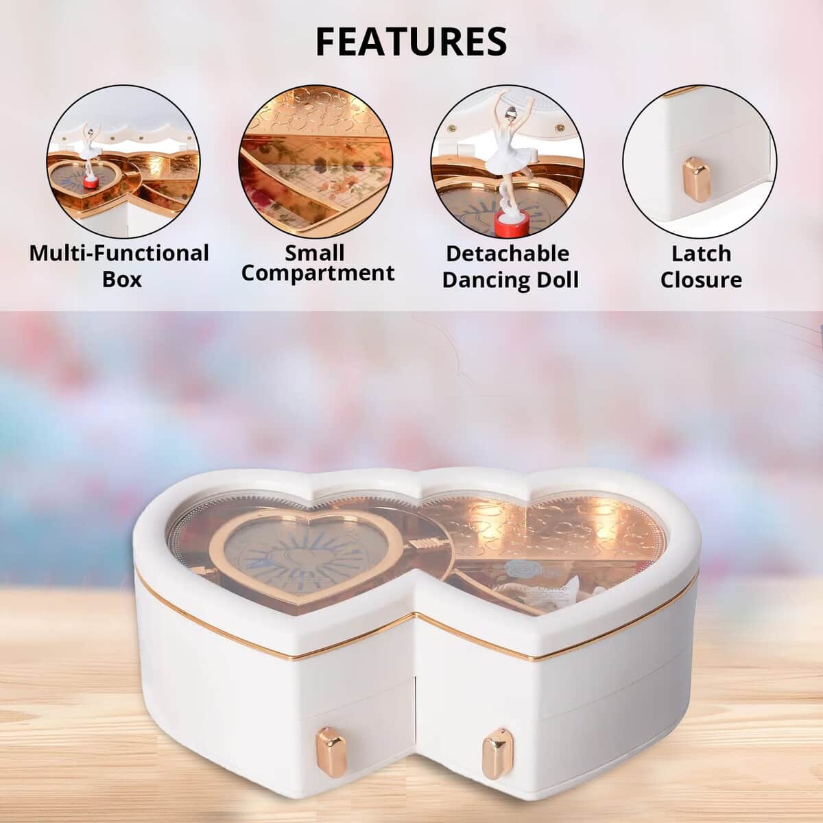 White Double Heart Shape Music Box with Removable Magnetic Dancer image number 1