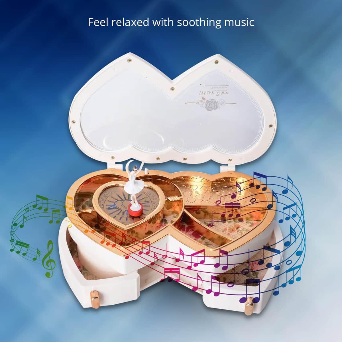 White Double Heart Shape Music Box with Removable Magnetic Dancer image number 2