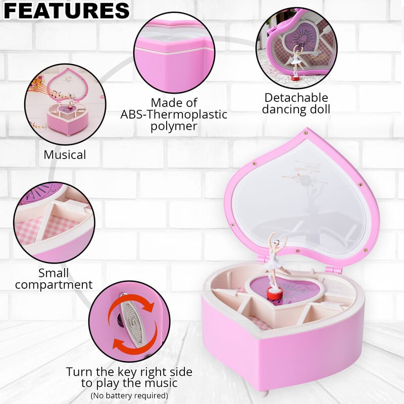 Pink Heart Shape Music Box with Removable Magnetic Dancer 
