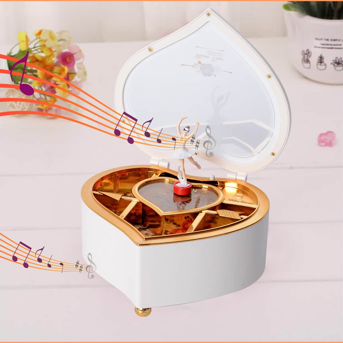 White Heart Shape Music Box with Removable Magnetic Dancer image number 1