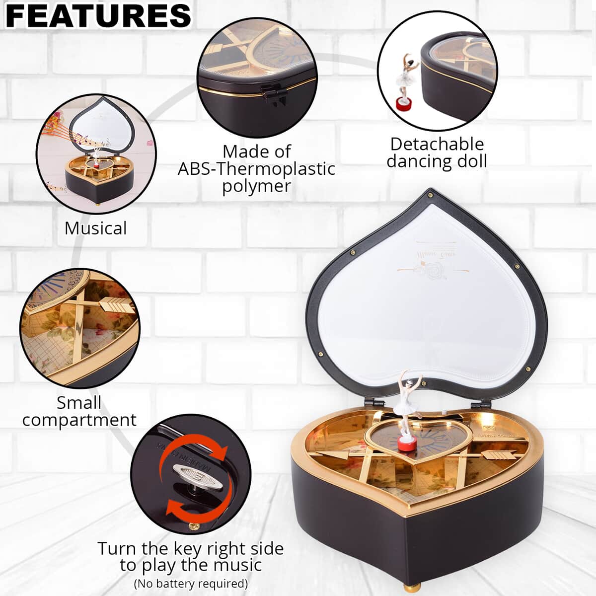 Brown Heart Shape Music Box with Removable Magnetic Dancer image number 2