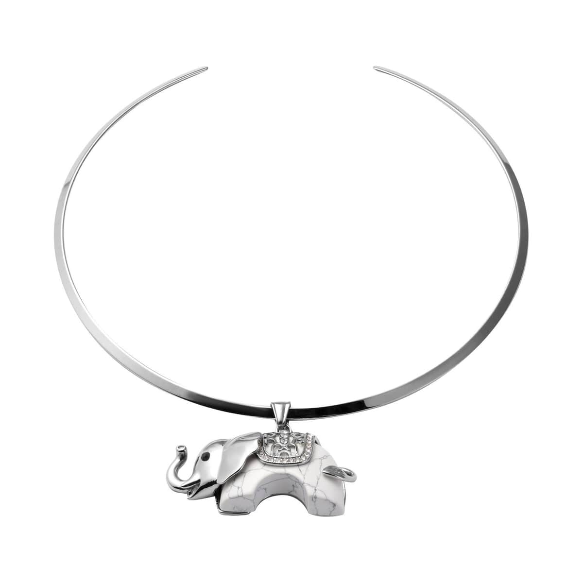 White Howlite and Austrian Crystal Elephant Pendant With Collar Necklace 15 Inches in Stainless Steel 50.00 ctw image number 0