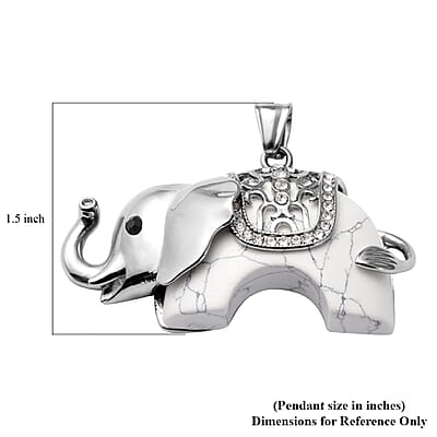 White Howlite and Austrian Crystal Elephant Pendant With Collar Necklace 15 Inches in Stainless Steel 50.00 ctw