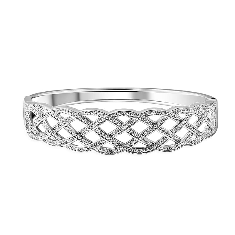 Diamond Accent Weaved Bangle Bracelet, Weaved Design Bracelet, Silvertone Bangle Bracelet, Diamond Accent Bracelet (7.00 In)