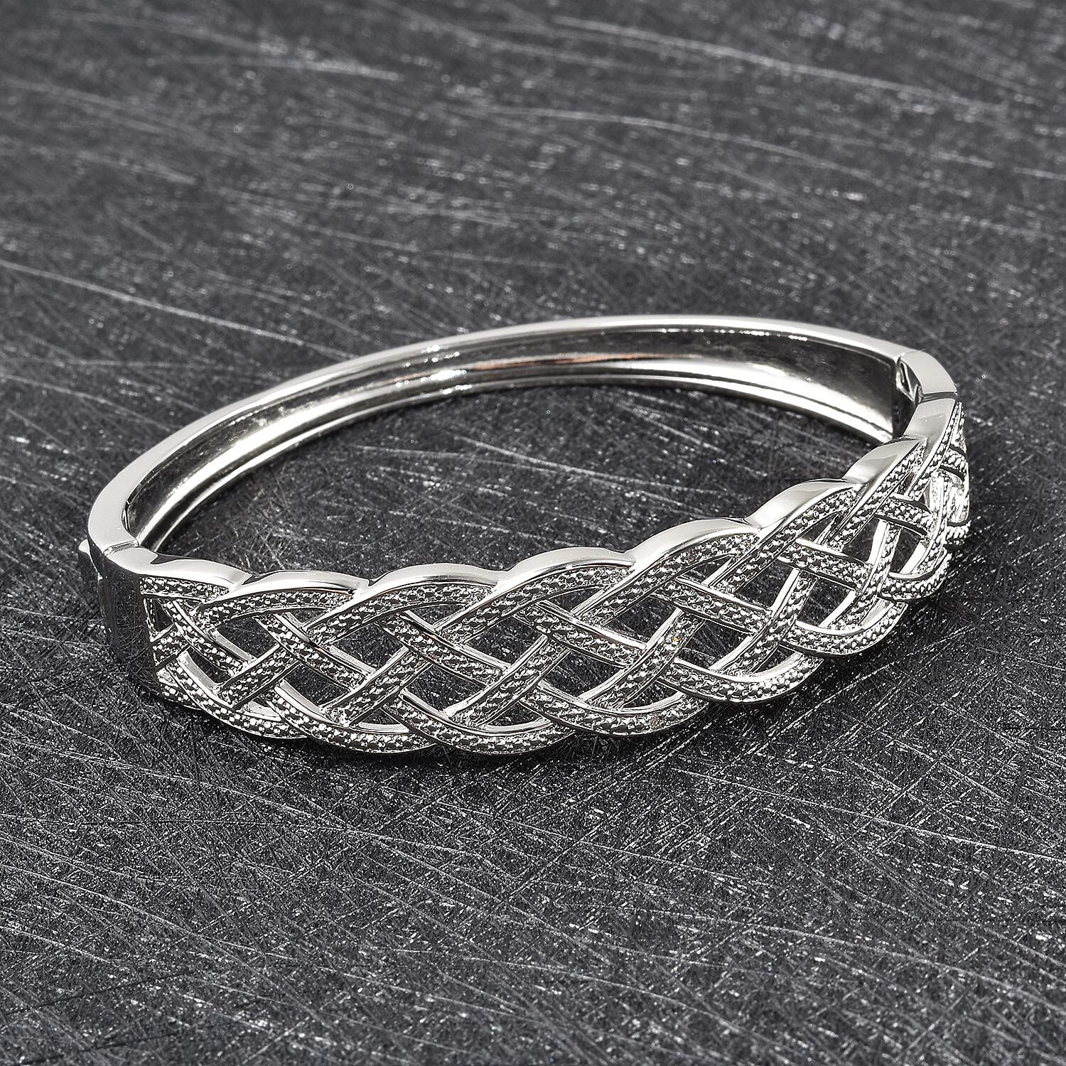 Diamond Accent Weaved Bangle Bracelet, Weaved Design Bracelet, Silvertone Bangle Bracelet, Diamond Accent Bracelet (7.00 In)