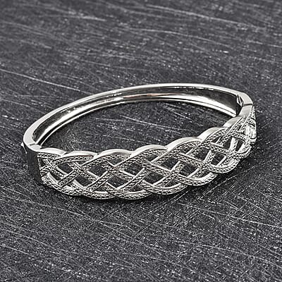 Diamond Accent Weaved Bangle Bracelet, Weaved Design Bracelet, Silvertone Bangle Bracelet, Diamond Accent Bracelet (7.00 In)