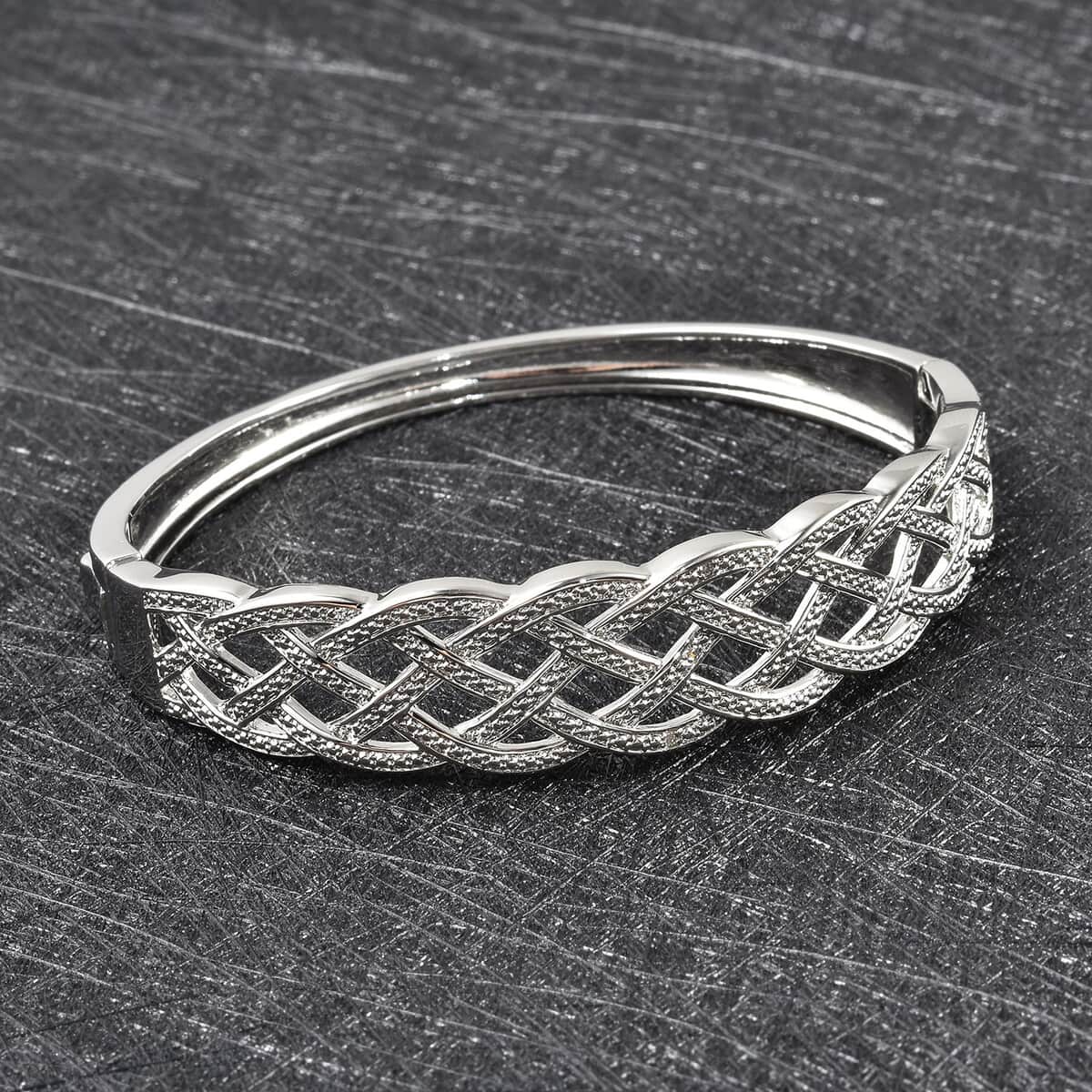 Diamond Accent Weaved Bangle Bracelet in Silvertone 7.00 Inch (7.00 In) image number 1