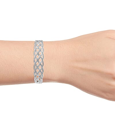 Diamond Accent Weaved Bangle Bracelet, Weaved Design Bracelet, Silvertone Bangle Bracelet, Diamond Accent Bracelet (7.00 In)