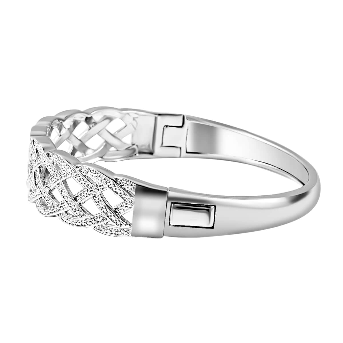 Diamond Accent Weaved Bangle Bracelet, Weaved Design Bracelet, Silvertone Bangle Bracelet, Diamond Accent Bracelet (7.00 In) image number 3