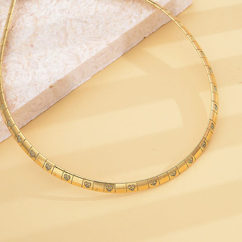Omega Heart Pattern Collar Necklace 17-19 Inches in ION Plated Yellow Gold Stainless Steel 15.50 Grams