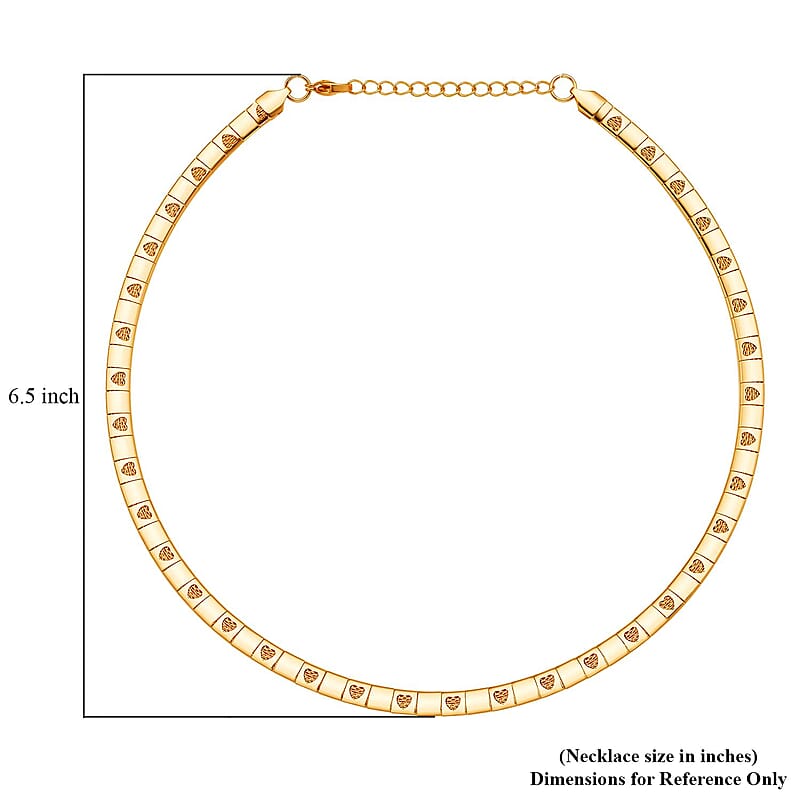 Omega Heart Pattern Collar Necklace 17-19 Inches in ION Plated Yellow Gold Stainless Steel 15.50 Grams