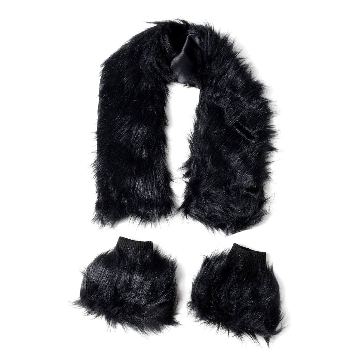 Black Polyester Faux Fur Collar Scarf and Boot Cuffs image number 0