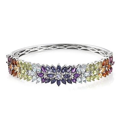 Multi Gemstone Bangle Bracelet in Platinum Over Sterling Silver (6.50 in) 10.60 ctw