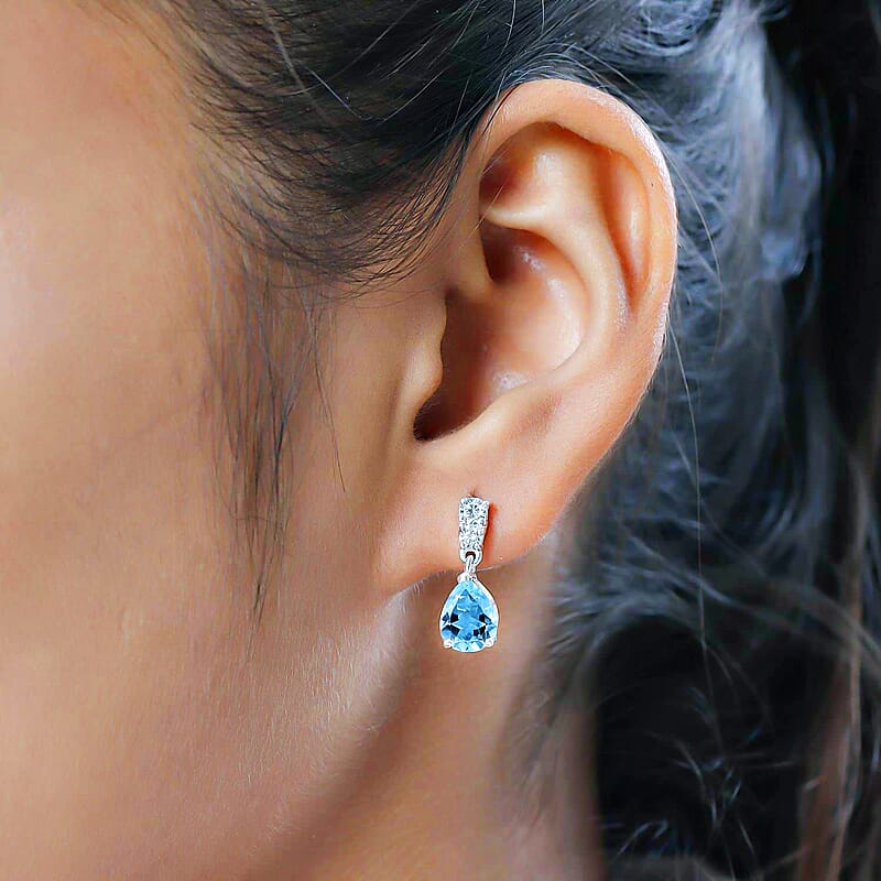 Sky Blue Topaz Drop Earrings in Sterling Silver, Simulated Diamond Silver Earrings, Anniversary Gifts For Her  3.15 ctw