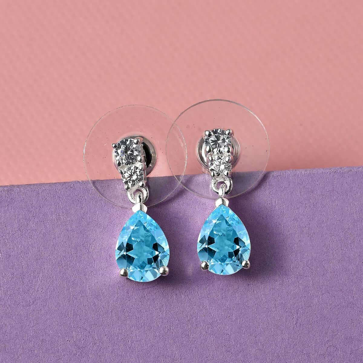 Sky Blue Topaz Drop Earrings in Sterling Silver, Simulated Diamond Silver Earrings, Anniversary Gifts For Her  3.15 ctw image number 3