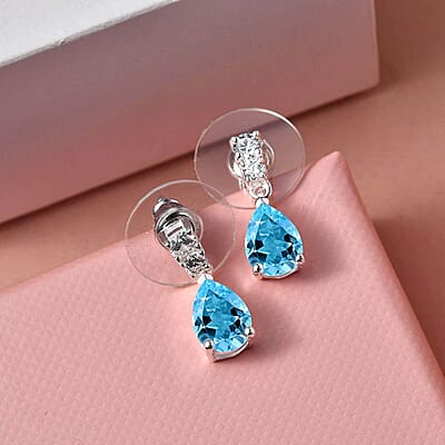 Sky Blue Topaz Drop Earrings in Sterling Silver, Simulated Diamond Silver Earrings, Anniversary Gifts For Her  3.15 ctw