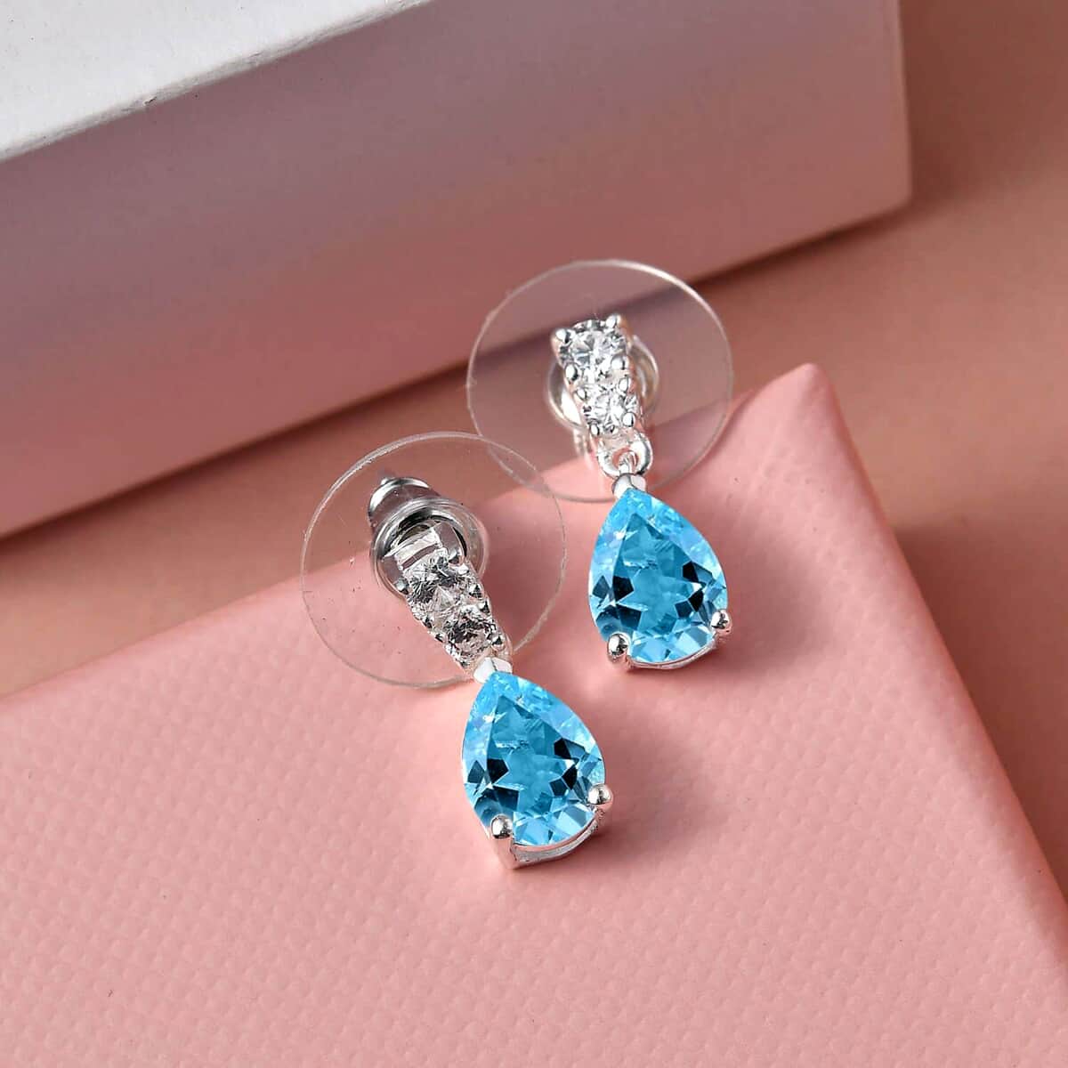 Sky Blue Topaz Drop Earrings in Sterling Silver, Simulated Diamond Silver Earrings, Anniversary Gifts For Her  3.15 ctw image number 4