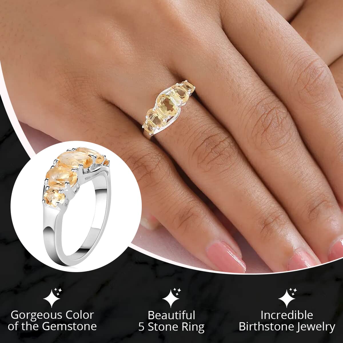 Brazilian Citrine 5 Stone Ring in Sterling Silver (Size 10.0) 1.85 ctw image number 2