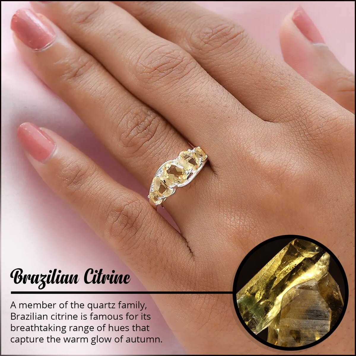 D'Joy Brazilian Citrine 1.85 ctw Ring in Sterling, 925 Five Stone Ring For Women (Size 6.0) image number 3