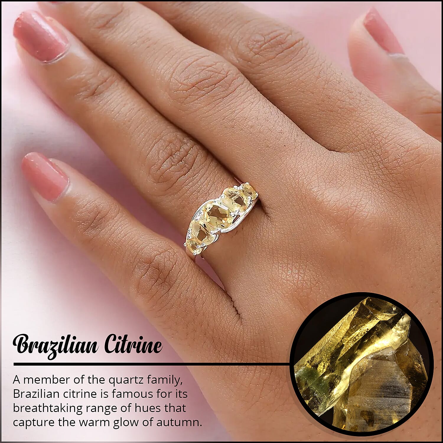 D'Joy Brazilian Citrine 2.10 ctw 5 Stone Ring in Sterling Silver (Size 9.0)