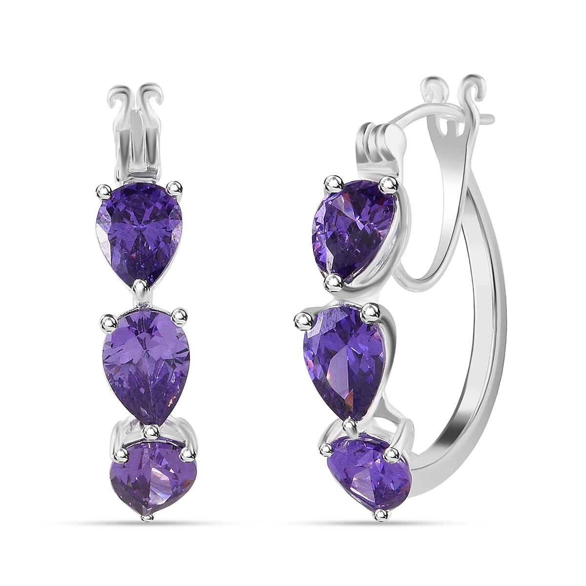 Simulated Purple Diamond Earrings, Hoop Earrings, Sterling Silver Earrings, Three Stone Earrings image number 0