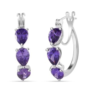 Simulated Purple Diamond Earrings, Hoop Earrings, Sterling Silver Earrings, Three Stone Earrings