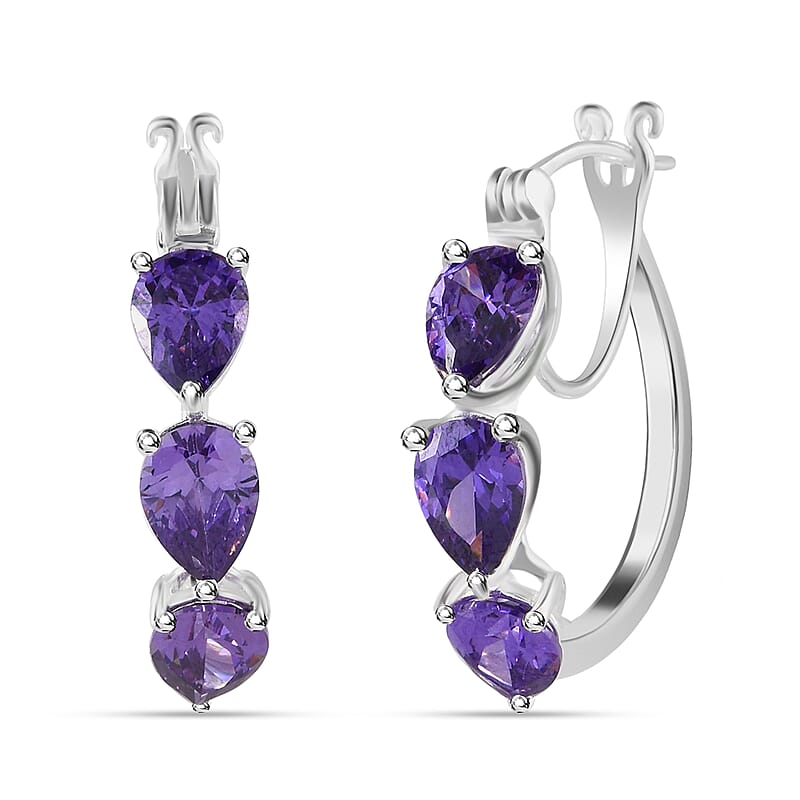 Simulated Purple Diamond Earrings, Hoop Earrings, Sterling Silver Earrings, Three Stone Earrings