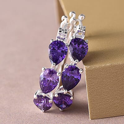 Simulated Purple Diamond Earrings, Hoop Earrings, Sterling Silver Earrings, Three Stone Earrings