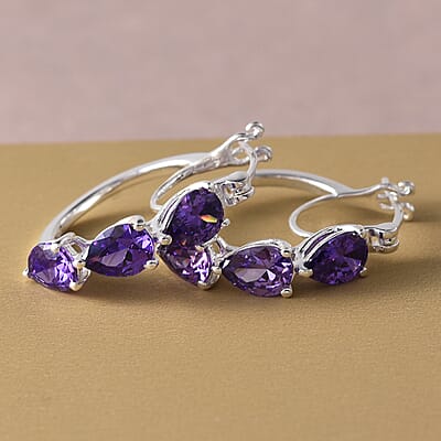 Simulated Purple Diamond Earrings, Hoop Earrings, Sterling Silver Earrings, Three Stone Earrings